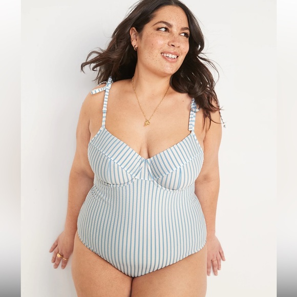 Old Navy Swimsuit Tie-Shoulder Striped Seersucker Underwire One Piece 4X New - Picture 2 of 5